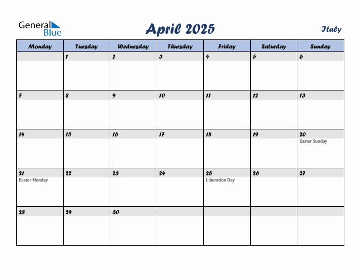 April 2025 Calendar with Holidays in Italy