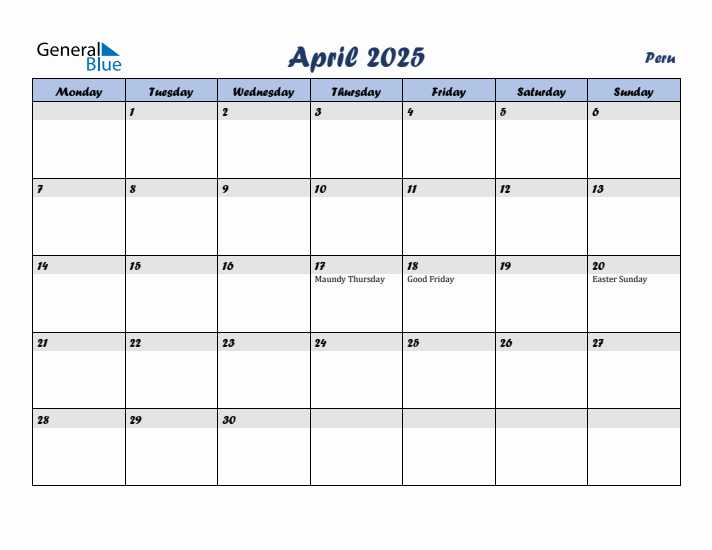 April 2025 Calendar with Holidays in Peru