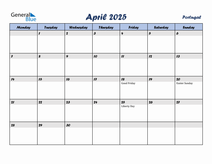 April 2025 Calendar with Holidays in Portugal