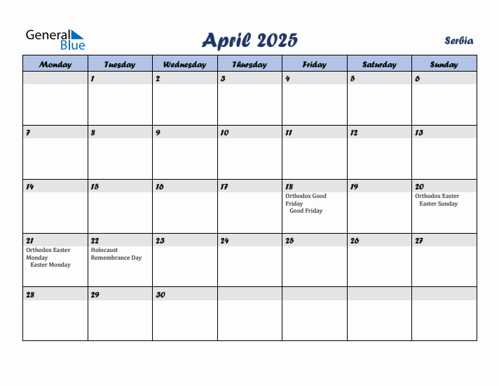 April 2025 Calendar with Holidays in Serbia