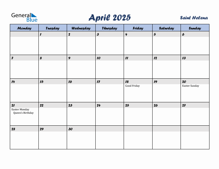 April 2025 Calendar with Holidays in Saint Helena