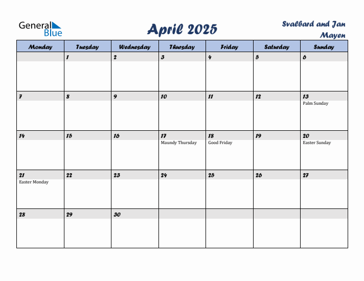 April 2025 Calendar with Holidays in Svalbard and Jan Mayen