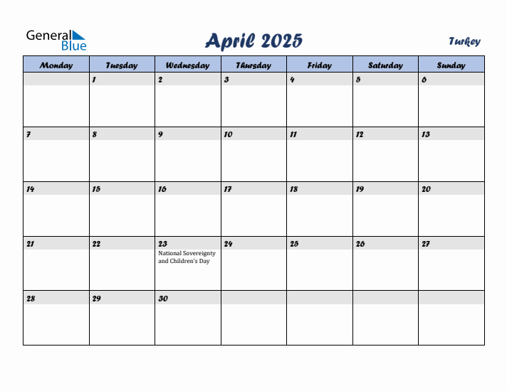 April 2025 Calendar with Holidays in Turkey