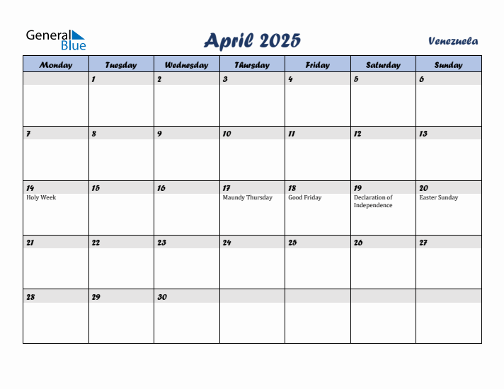 April 2025 Calendar with Holidays in Venezuela