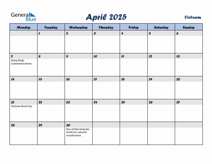 April 2025 Calendar with Holidays in Vietnam