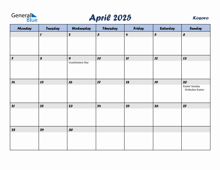 April 2025 Calendar with Holidays in Kosovo