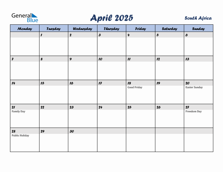 April 2025 Calendar with Holidays in South Africa