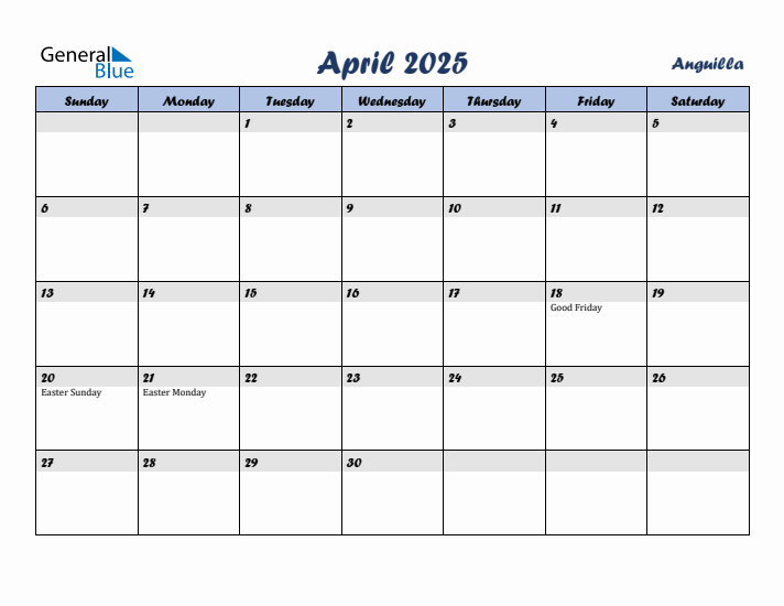 April 2025 Calendar with Holidays in Anguilla