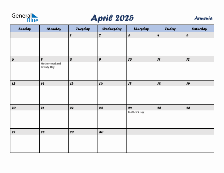 April 2025 Calendar with Holidays in Armenia