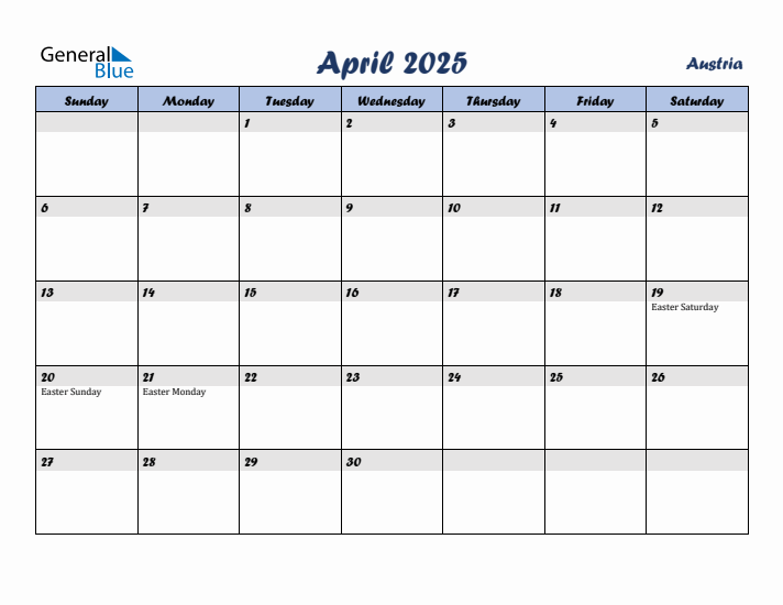 April 2025 Calendar with Holidays in Austria