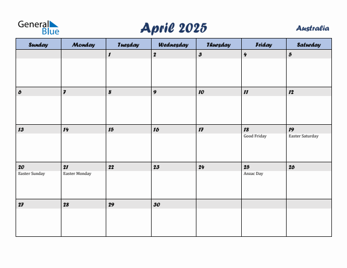 April 2025 Calendar with Holidays in Australia