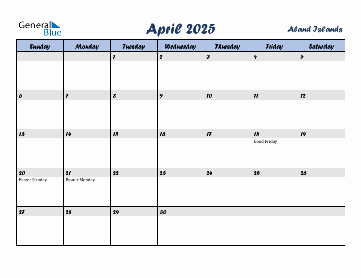 April 2025 Calendar with Holidays in Aland Islands