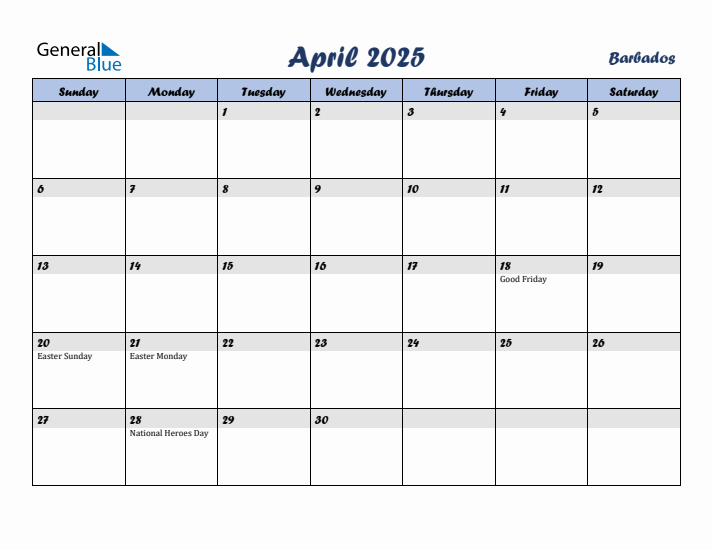 April 2025 Calendar with Holidays in Barbados