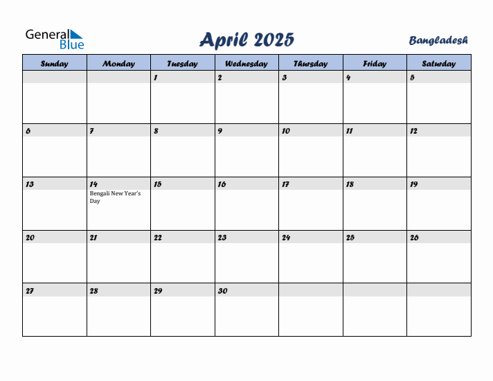 April 2025 Calendar with Holidays in Bangladesh