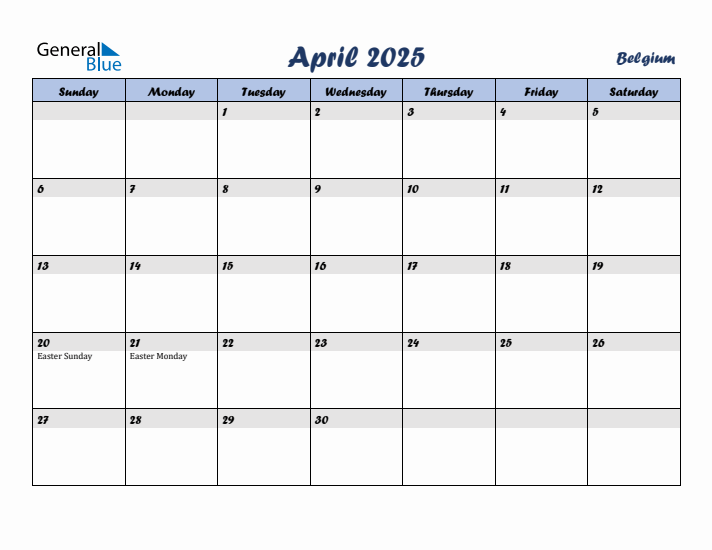 April 2025 Calendar with Holidays in Belgium