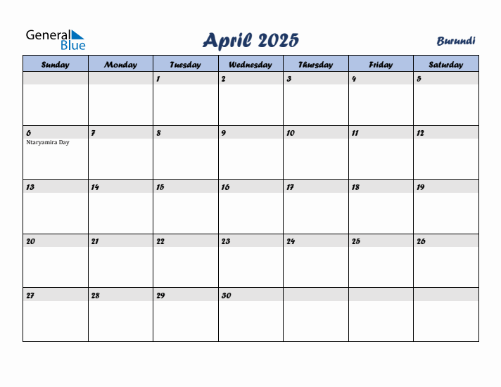 April 2025 Calendar with Holidays in Burundi