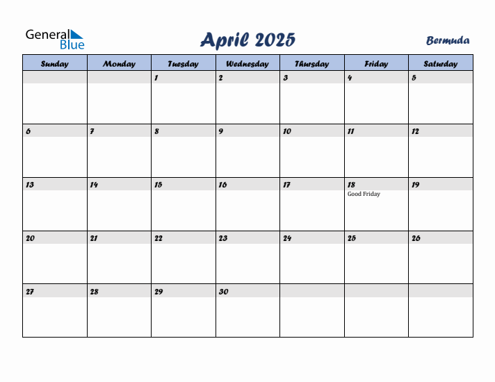 April 2025 Calendar with Holidays in Bermuda