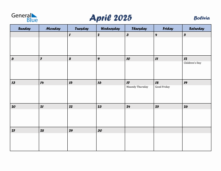 April 2025 Calendar with Holidays in Bolivia