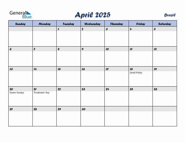 April 2025 Calendar with Holidays in Brazil