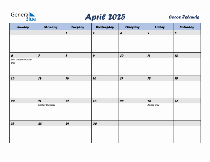 April 2025 Calendar with Holidays in Cocos Islands