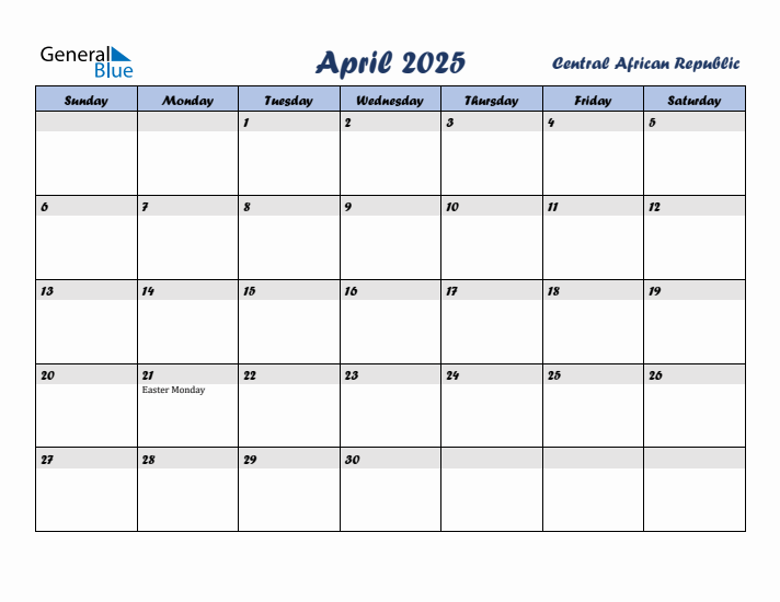 April 2025 Calendar with Holidays in Central African Republic