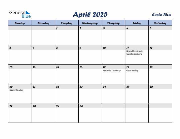 April 2025 Calendar with Holidays in Costa Rica