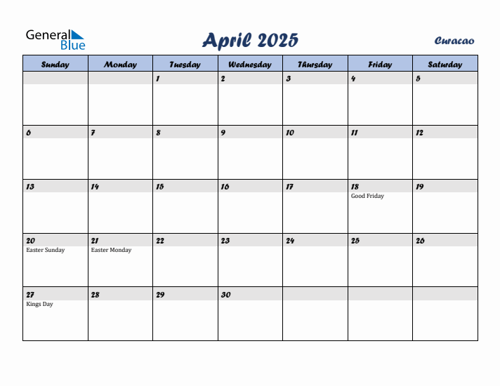 April 2025 Calendar with Holidays in Curacao