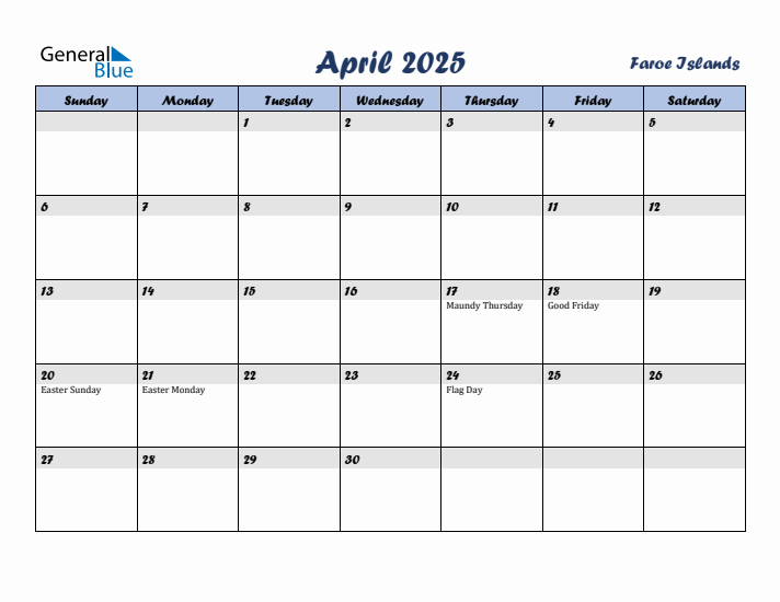 April 2025 Calendar with Holidays in Faroe Islands