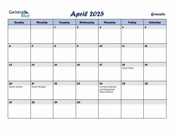 April 2025 Calendar with Holidays in Grenada