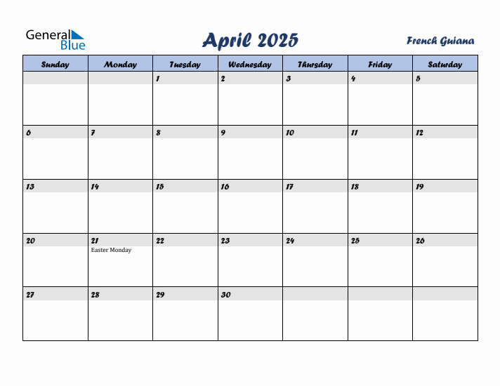 April 2025 Calendar with Holidays in French Guiana