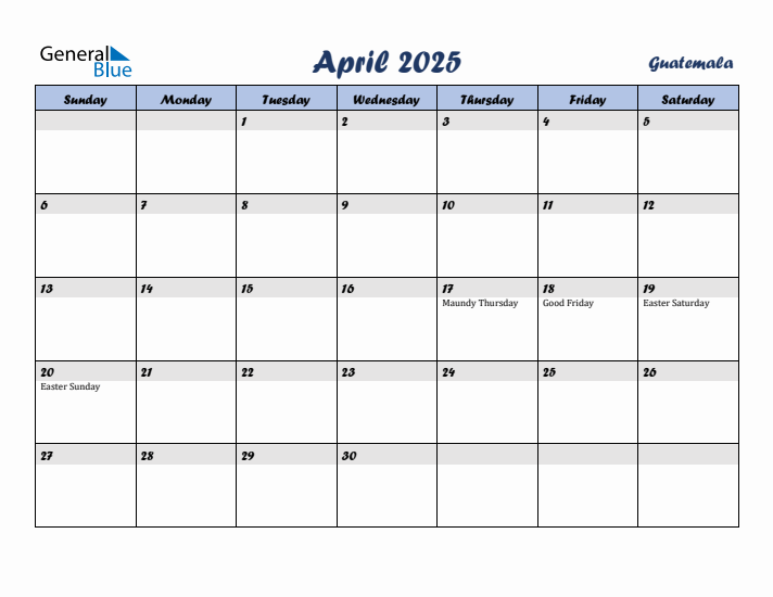 April 2025 Calendar with Holidays in Guatemala