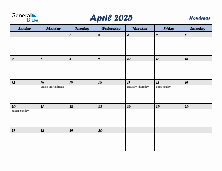 April 2025 Calendar with Holidays in Honduras