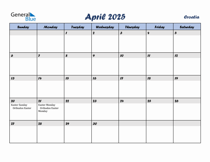 April 2025 Calendar with Holidays in Croatia