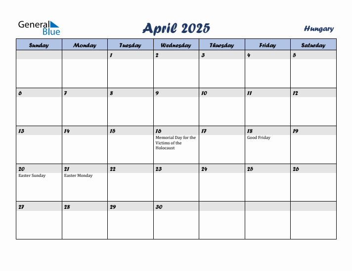 April 2025 Calendar with Holidays in Hungary