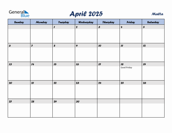 April 2025 Calendar with Holidays in Malta