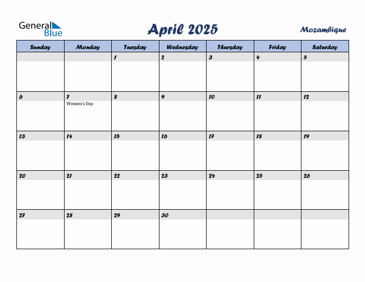 April 2025 Calendar with Holidays in Mozambique