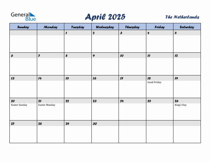 April 2025 Calendar with Holidays in The Netherlands