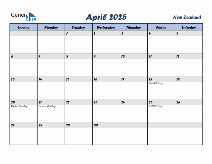 April 2025 Calendar with Holidays in New Zealand