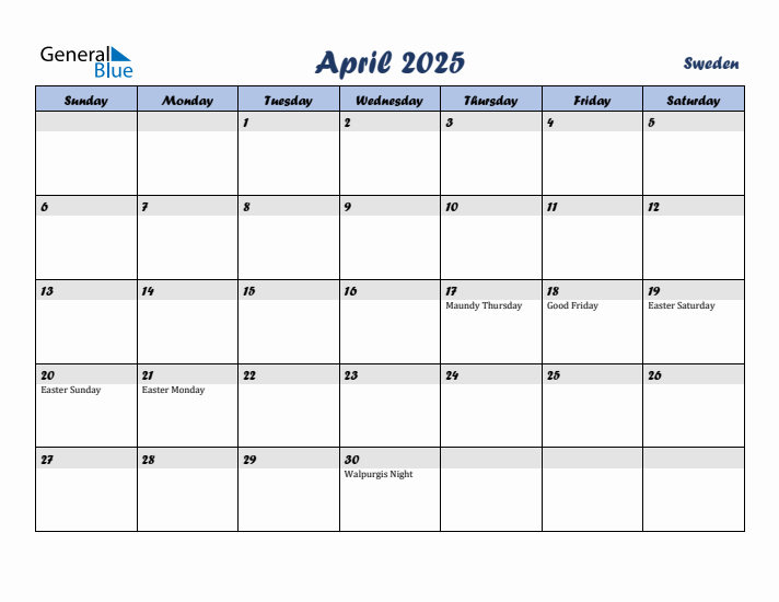 April 2025 Calendar with Holidays in Sweden