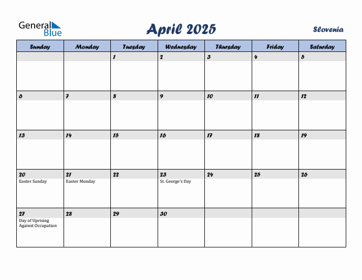 April 2025 Calendar with Holidays in Slovenia