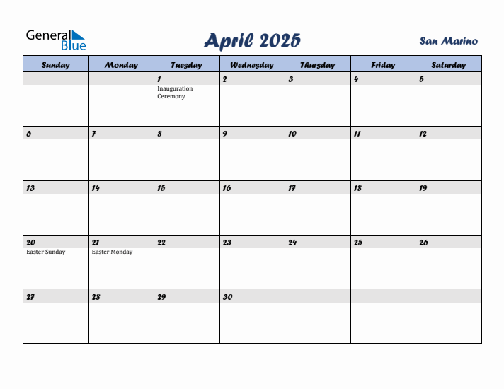 April 2025 Calendar with Holidays in San Marino