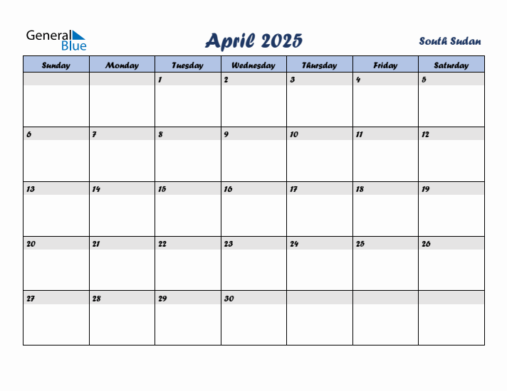 April 2025 Calendar with Holidays in South Sudan