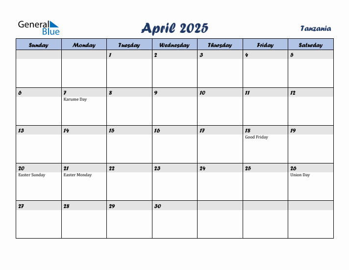 April 2025 Calendar with Holidays in Tanzania