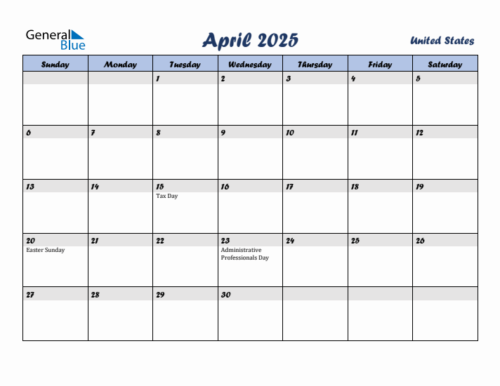 April 2025 Calendar with Holidays in United States