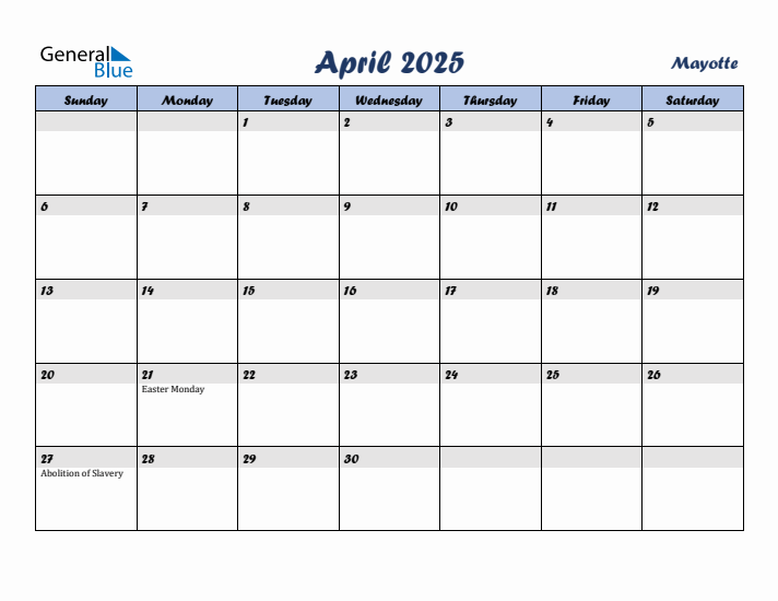 April 2025 Calendar with Holidays in Mayotte