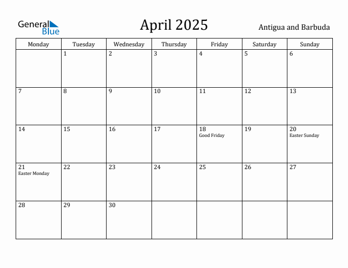 April 2025 Calendar Antigua and Barbuda