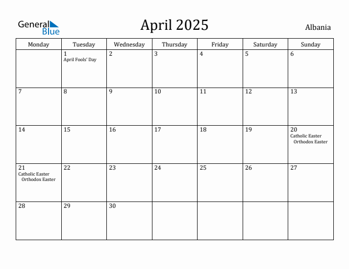 April 2025 Calendar Albania