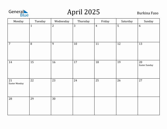 April 2025 Calendar Burkina Faso