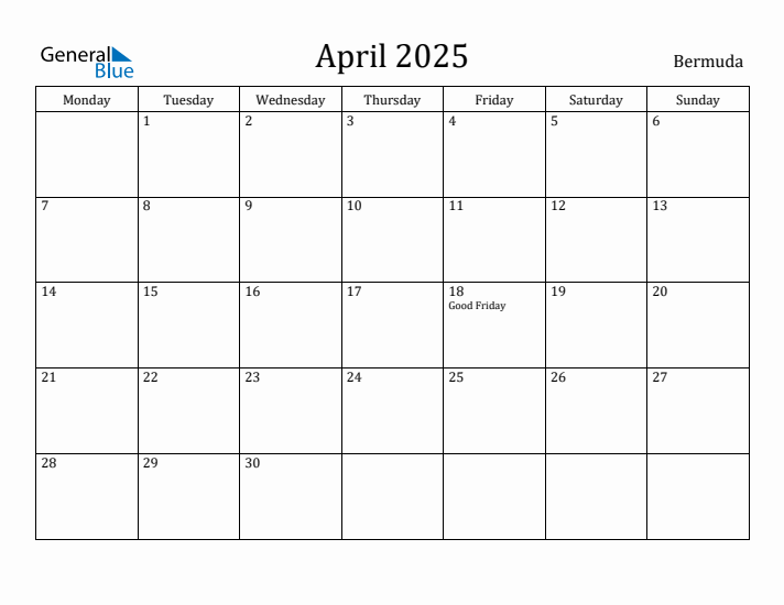 April 2025 Calendar Bermuda