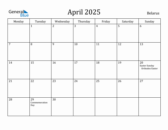 April 2025 Calendar Belarus